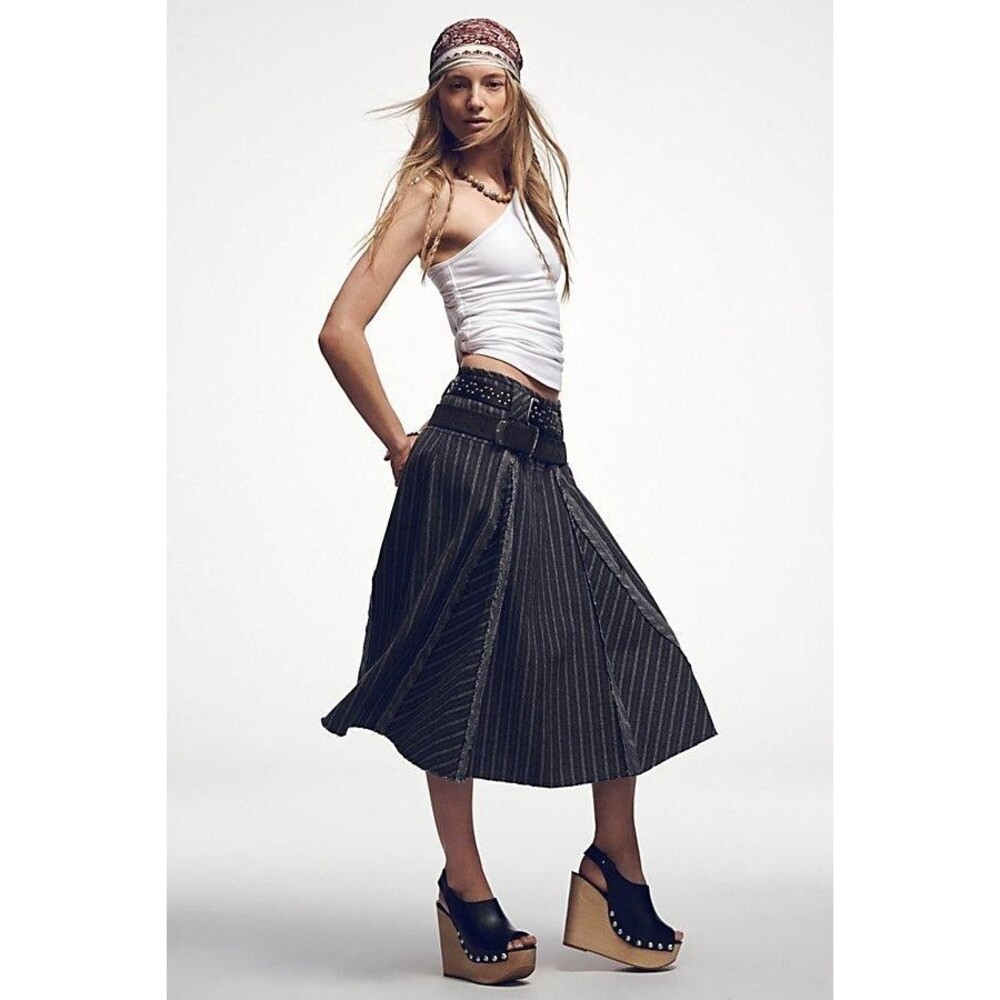 Free People Amelia Midi Skirt Pinstripe Gray US 12 NEW - Picture 3 of 6